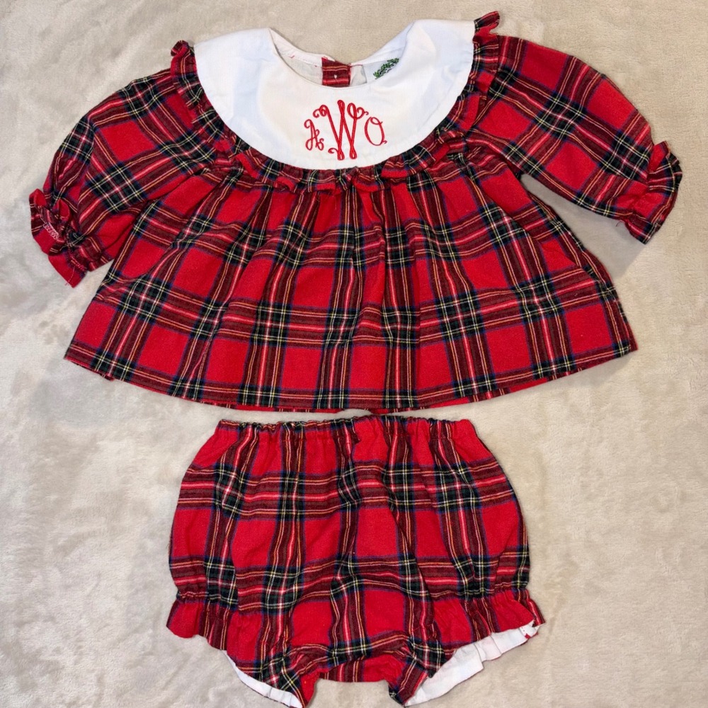 Cecil and Lou Baby Girls Red Plaid Monogrammed Christmas Top Bloomer Set 6M AOW